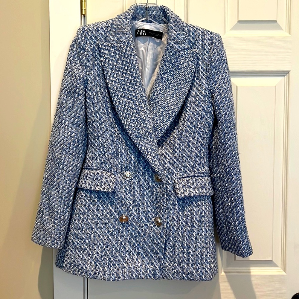 Zara Blue and White Tweed Double-Breasted Blazer